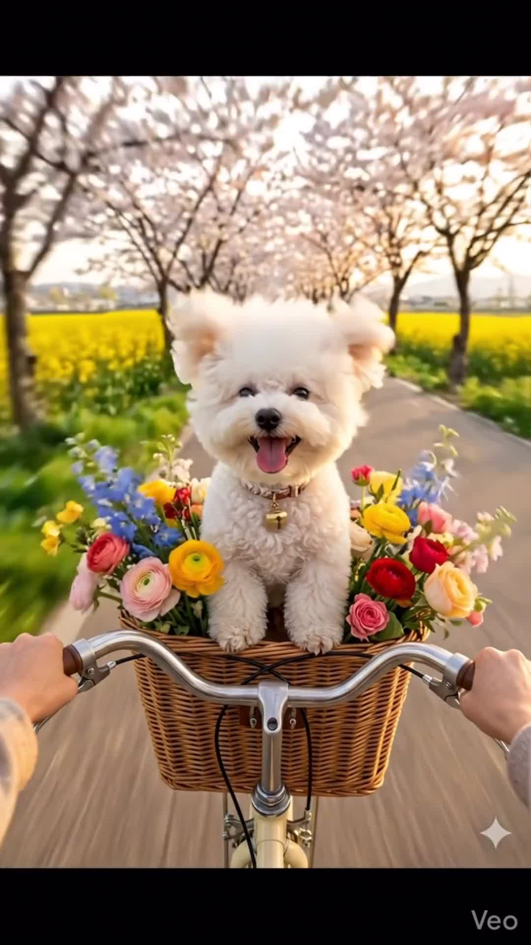 강아지 자전거 산책 — 꽃바구니에 앉아 벚꽃길을 지나갔습니다